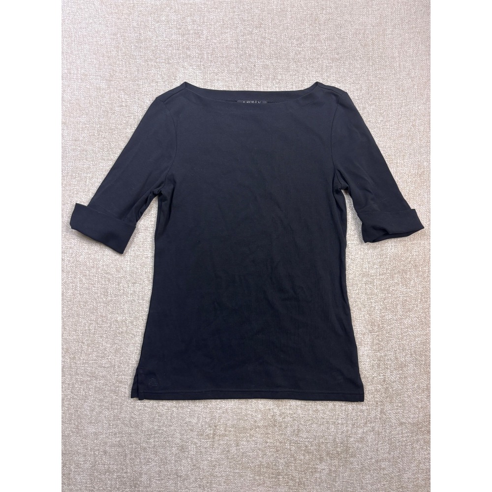 Lauren Ralph Lauren Womens Black Boat Neck Cuffed Elbow Sleeve Top Small